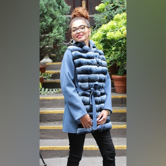 SALE Blue Wool Jacket Rex Rabbit Horizontal Fronts - Picture 3 of 4